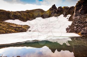 Big unmelted in July snowfield reflected in water. Summer morning in the National Park Landmannalaugar, Iceland