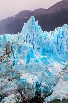 Patagonia. Unique lake and fantastic glacier Perito Moreno.  On the surface of the glacier formed Calgaspors - penitent snow. The concept of exotic and extreme tourism