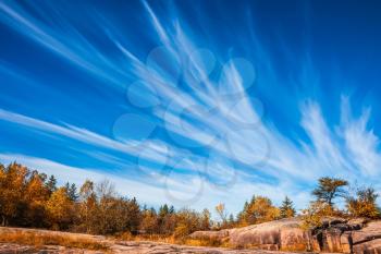 Walk on the park in warm silent day. Cirrus clouds  in Pinawa Provincial Heritage Park. The concept of ecological and recreational tourism