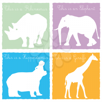 Royalty Free Clipart Image of a Four Wild Animals on Cards With Explanation