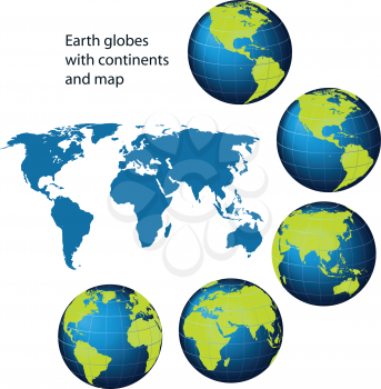 Royalty Free Clipart Image of Globes With Continents and a Map