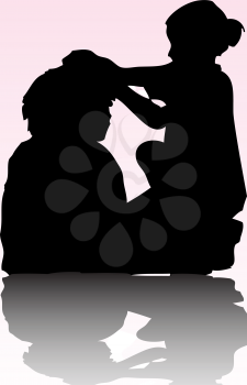 Royalty Free Clipart Image of Silhouetted Girls Doing THeir Hair