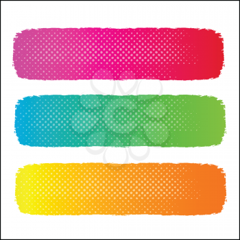 Royalty Free Clipart Image of Three Halftone Banners in Pink Green and Gold