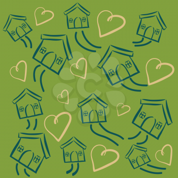 Royalty Free Clipart Image of Houses and Hearts on a Green Background