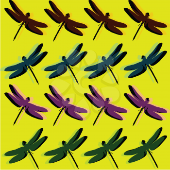 Royalty Free Clipart Image of a Dragonfly Pattern on Yellow