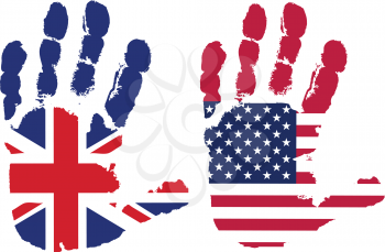 Royalty Free Clipart Image of American and English Flags on the Palms of Hands