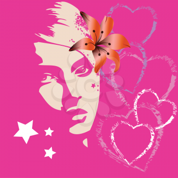 Royalty Free Clipart Image of a Face With a Flower in The Hair and Hearts and Stars Around It