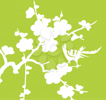 Royalty Free Clipart Image of a White Bird on White Flowers on a Green Background