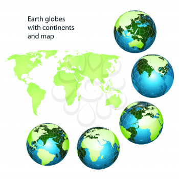earth globes with green continents and map