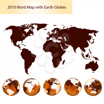 editable world map with earth globes on brown