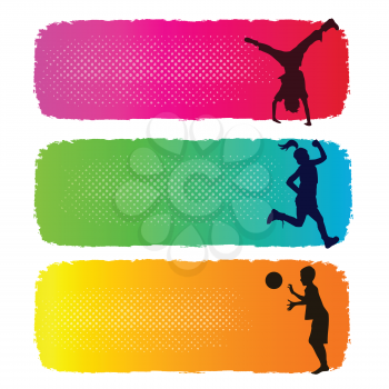 kids jumping and playing on colored grunge banners
