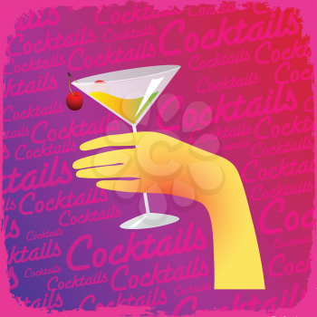 retro cocktail background with hand and glass