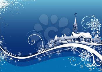 Royalty Free Clipart Image of a Winter Scene With a Church