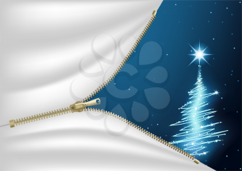 Royalty Free Clipart Image of a Christmas Tree Behind a Zipper