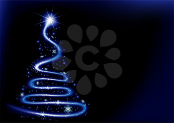Royalty Free Clipart Image of a Blue Spiral Christmas Tree on a Night Blue Background