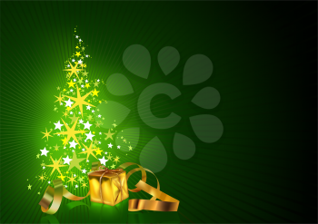 Royalty Free Clipart Image of a Christmas Card With a Tree and Gold Gifts at the Side