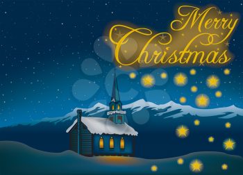 Royalty Free Clipart Image of a Christmas Greeting With a Building