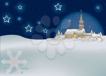 Royalty Free Clipart Image of a Christmas Scene With a Church