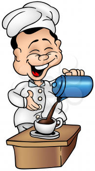 Royalty Free Clipart Image of a Cook Pouring Coffee and Laughing