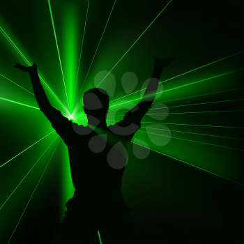 Royalty Free Clipart Image of a Silhouetted Man With Arms Upraised Against a Vivid Green Background