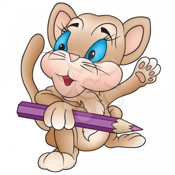 Royalty Free Clipart Image of a Kitten With a Pencil Crayon