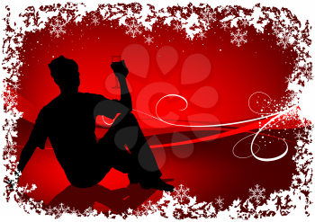 Royalty Free Clipart Image of a Red Background With Snowy Frame and a Guy Drinking