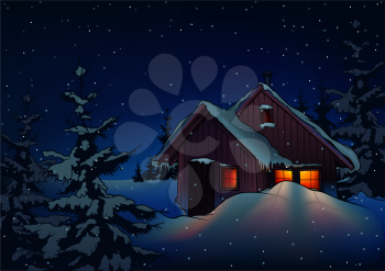 Royalty Free Clipart Image of a House on a Snowy Winter Night