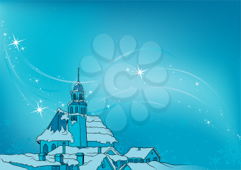 Royalty Free Clipart Image of a Snowy Christmas Night in a Town
