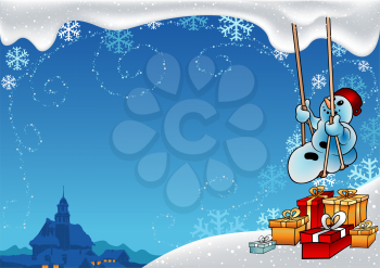 Royalty Free Clipart Image of a Snowman On a Swing With Presents and a Church in the Background