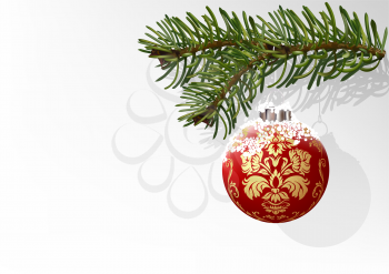 Royalty Free Clipart Image of an Ornament Hanging From a Spruce Branch