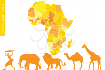 Royalty Free Clipart Image of a Map of Africa With African People and Animals Below