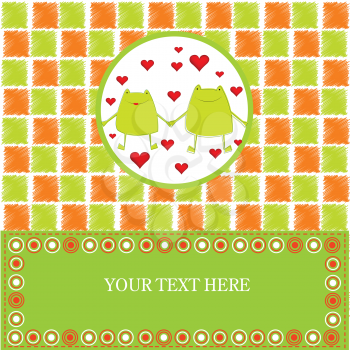 Royalty Free Clipart Image of a Card With Two Loving Frogs and Space For Text