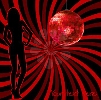 Royalty Free Clipart Image of a Disco Ball and a Woman on a Striped Background With Space For Text