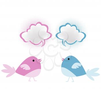 Royalty Free Clipart Image of a Pink and Blue Bird With Chat Bubbles