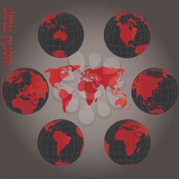 Set of Earth globes and world map with red and black