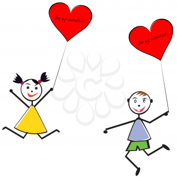 Royalty Free Clipart Image of a Boy and Girl With Heart Balloons