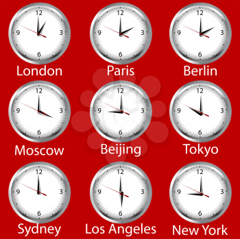 Royalty Free Clipart Image of Clocks Showing Times Around the World