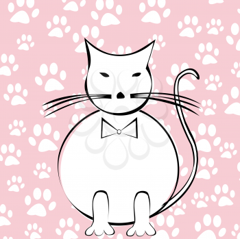 Royalty Free Clipart Image of a Cartoon Cat on a Pawprint Background