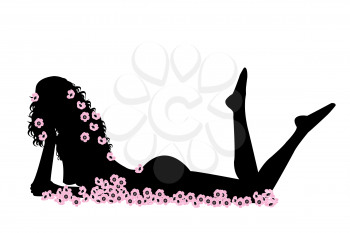 Royalty Free Clipart Image of a Naked Female Silhouette Lying in Pink Flowers