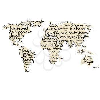 Typography with healthy life terms and world map