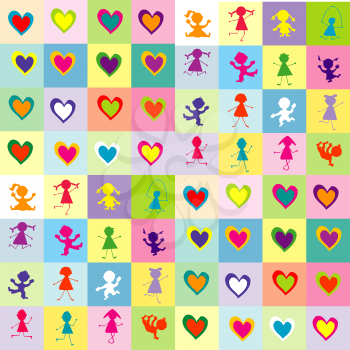 Royalty Free Clipart Image of a Background of Silhouetted Children and Hearts