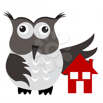 Royalty Free Clipart Image of an Owl With a House Under Its Wing
