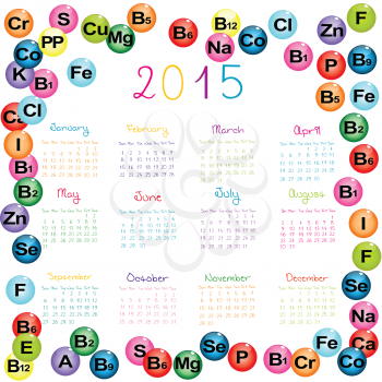 2015 calendar with vitamins and minerals for drugstores and hospitals