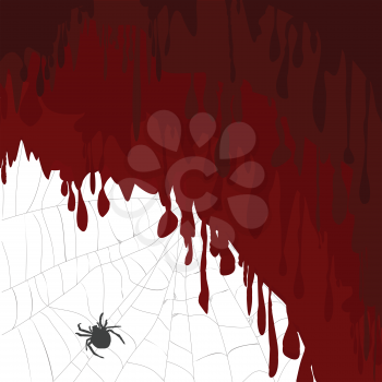 Halloween card with bloody background and spider on a spider web
