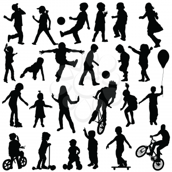Group of active children, hand drawn sillhouettes of kids playing