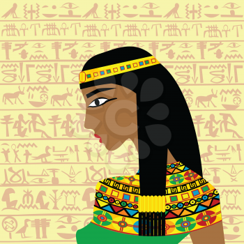 Ancient Egyptian woman profile over a background with Egyptian hieroglyphs
