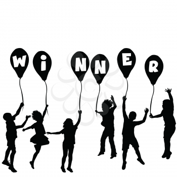Winner concept with children silhouettes and balloons