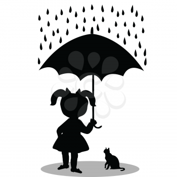 Little girl with a cat under an umbrella