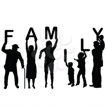 Family concept with children and parents holding letters of the word Family