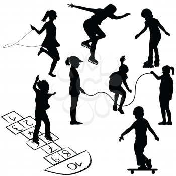 Active kids. Children on roller skates, jumping rope or playing on the hopscotch